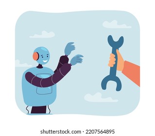 Hand of engineer holding out wrench to robot. Engineering and support of AI by person flat vector illustration. Artificial intelligence, hardware concept for banner, website design or landing web page