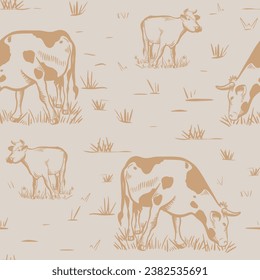 Hand engraved cows grazing on meadow seamless pattern