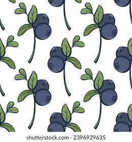 Hand engraved wild forest berries background. Blueberry seamless pattern. Healthy organic food. Berry print for packaging, brochure, branding, vector illustration
