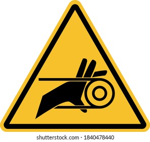 Hand Entanglement With Belt Drive sign. Black on yellow background. Safety signs & symbols.