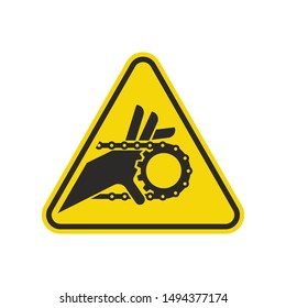Hand Entanglement Chain Drive Sign Isolated On White Background. Yellow Triangle Warning Symbol Simple, Flat, Vector, Icon You Can Use Your Website Design, Mobile App Or Industrial Design