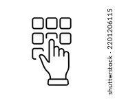 Hand Enter Password on Dial Keypad Line Icon. Security Bank Key Number on ATM Button Linear Pictogram. Finger Entry Pin Code on Keyboard Outline Icon. Editable Stroke. Isolated Vector Illustration.