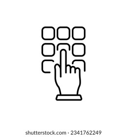 Hand Enter Password on Dial Keypad Line Icon. Security Bank Key Number on ATM Button Linear Pictogram. Finger Entry Pin Code on Keyboard Outline Icon. Editable Stroke. Isolated Vector Illustration.