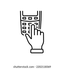 Hand Enter Password on Pos for Payment Line Icon. Security Bank Key Number for Pay Linear Pictogram. Entry Pin Code on Terminal Keyboard Outline Icon. Editable Stroke. Isolated Vector Illustration.