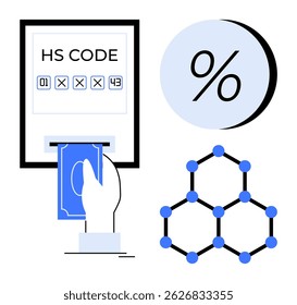 Hand entering blue card into terminal with HS Code display, percentage symbol, and molecular structure. Ideal for customs, tariffs, trade, import export, taxation, scientific research, financial