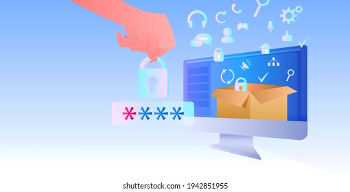 hand entering password computer app protection shield with padlock data privacy security protection concept