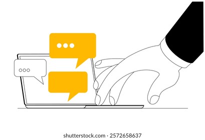 The hand enters a banner into the computer from the keyboard and receives a response. A conceptual illustration on the topic of communication with artificial intelligence.