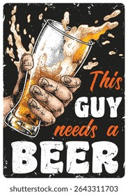 A hand enthusiastically holds a glass filled with frothy beer. The golden liquid splashes around conveying a lively atmosphere. Perfect for moments of celebration.