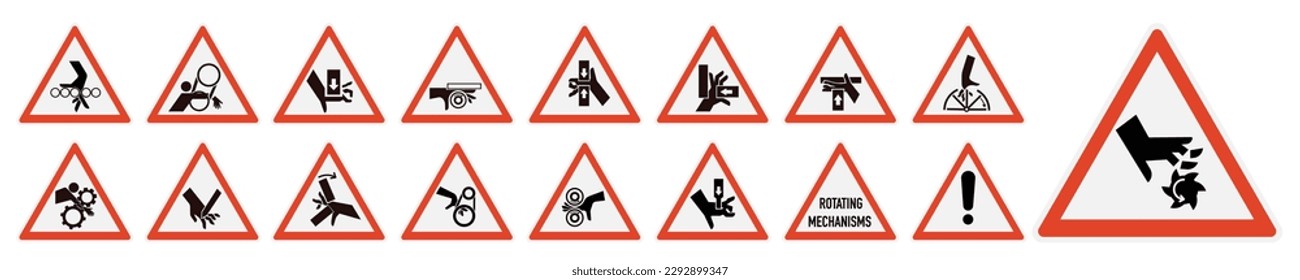 Hand entrapment hazard signs. Hand tightening warning sign. EPS 10.