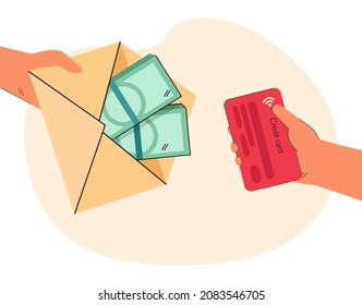 Hand with envelope full of money stretching to hand with credit card. Cash and online payment flat vector illustration. Finance, payment concept for banner, website design or landing web page