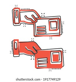 Hand with envelope icon in comic style. Mail letter delivery cartoon vector illustration on white isolated background. Receive document splash effect business concept.