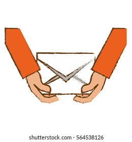 hand with envelope icon over white background. colorful design. vector illustration