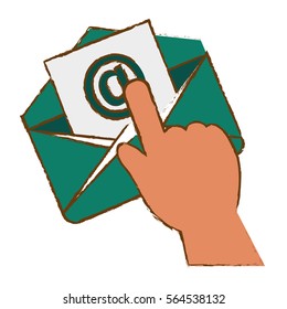 hand with envelope icon over white background. colorful design. vector illustration