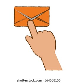 hand with envelope icon over white background. colorful design. vector illustration