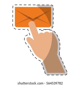 hand with envelope icon over white background. colorful design. vector illustration