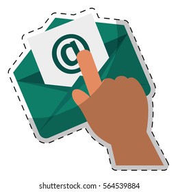 hand with envelope icon over white background. colorful design. vector illustration