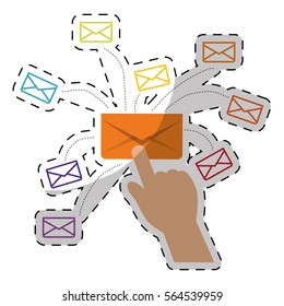 hand with envelope icon over white background. colorful design. vector illustration