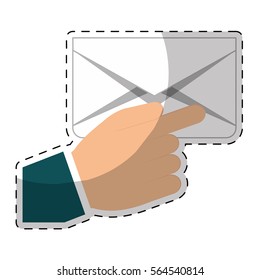 hand with envelope icon over white background. colorful design. vector illustration