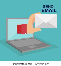 hand with the envelope and the laptop screen. Send email.  