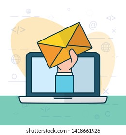 hand with envelope laptop send email vector illustration