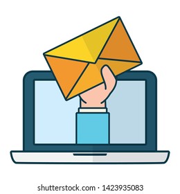 hand with envelope laptop send email vector illustration