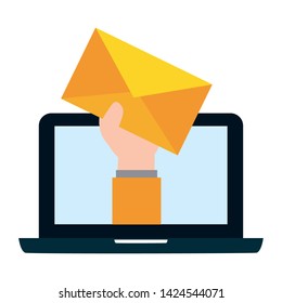 hand with envelope laptop send email vector illustration