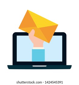 hand with envelope laptop send email vector illustration