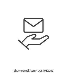 Hand with envelope outline icon. linear style sign for mobile concept and web design. Postman line vector icon. Symbol, logo illustration. Pixel perfect vector graphics
