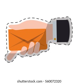 hand with envelope over white background. colorful design. vector illustration