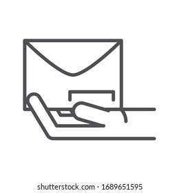 hand with envelope. Post related delivery vector illustration line style icon