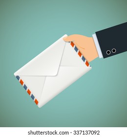 Hand with envelope. Postman. Stock vector illustration.