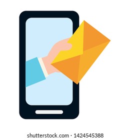 hand with envelope smartphone send email vector illustration