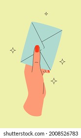 Hand With Envelope. Vintage hand with envelope vector illustration. Flat and line design. Modern vintage cartoon style. Colorful minimal postal design.