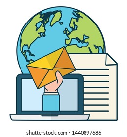 hand with envelope world laptop send email vector illustration