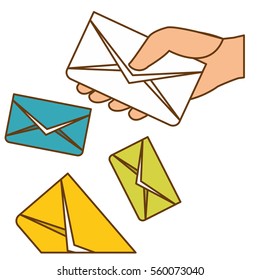 hand and envelopes over white background. colorful design. vector illustration