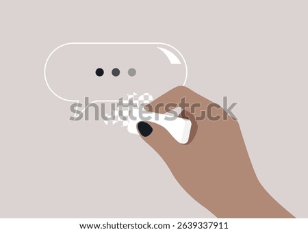 A hand with an eraser touches a vibrant speech bubble of colored dots—symbolizing censorship or content editing, a message subtly altered or entirely erased