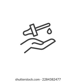 Hand and Essential oil drop line icon. linear style sign for mobile concept and web design. Hand care cosmetics outline vector icon. Symbol, logo illustration. Vector graphics