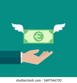 Hand with euro banknote with wings. Vector flat illustration on blue. Give, receive, take, earn money. Financial success, salary, investment, dividend. Currency, pay
