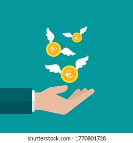 Hand With Euro Dollar Coins With Wings. Vector Flat Illustration On Blue. Give, Receive, Take, Earn Money. Financial Success, Salary, Investment, Dividend. Currency, Pay