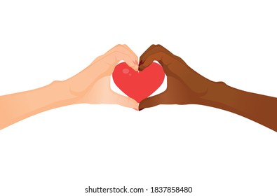 Hand of European and African American make heart sign on white background. Vector flat illustration for postcard, valentine, love, medicine, friendship