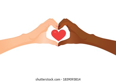 Hand of European and African American make heart sign on white background. Vector flat illustration for postcard, valentine, love, medicine, friendship