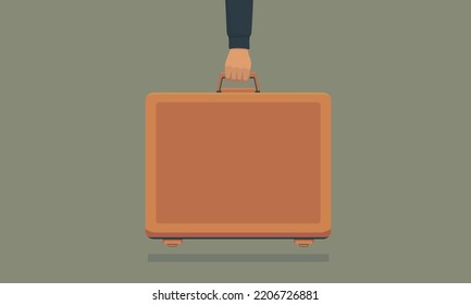 The hand of a European man holds a yellow suitcase on a green background. The concept of travel, trips, business meetings. Vector illustration