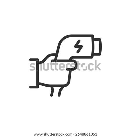 Hand with EV charger, linear icon. Electric car charging plug. Line with editable stroke.