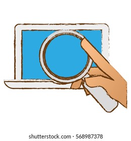 hand examining computer with magnifying glass icon image vector illustration design 