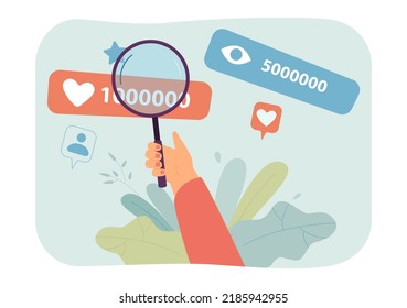 Hand examining views and likes under magnifier. Person looking at social media statistics flat vector illustration. Network, marketing, advertising concept for banner, website design or landing page