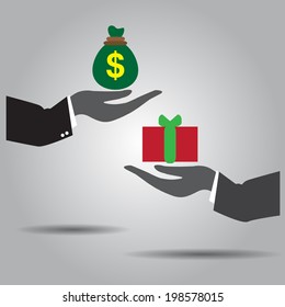 hand exchanging money and  gift vector icon