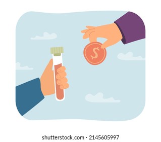 Hand exchanging tube with cure or vaccine for gold coin. Sponsor investing in medication flat vector illustration. Medicine, investment concept for banner, website design or landing web page