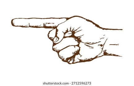 Hand with an extended index finger. Sketch, doodle, engraving. Vector illustration