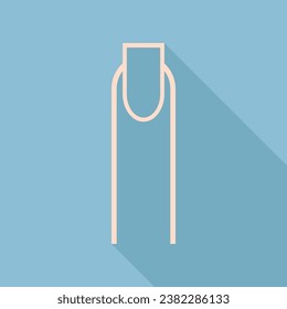 Hand with extended pointing finger sign. Unbleached silk Icon with very long shadow at dark sky blue background. Illustration.