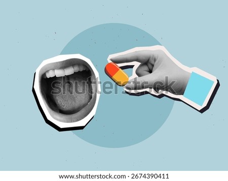 A hand extends a capsule pill into an open mouth. Modern collage style. Vector illustration
